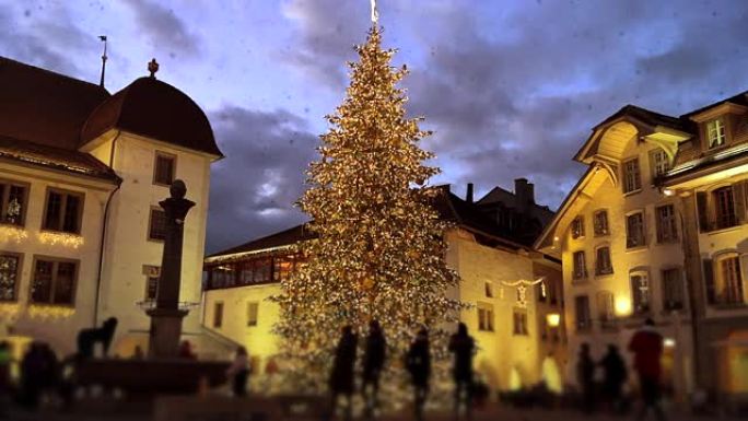 圣诞节前夕装饰的圣诞树在夜晚的城市中照亮
