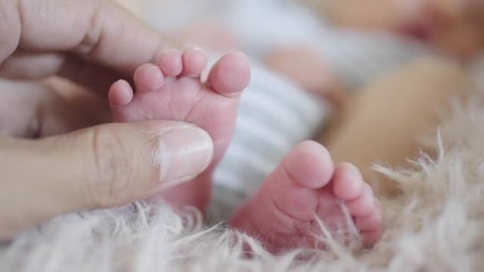 母亲手握和抚摸婴儿的小脚新生儿