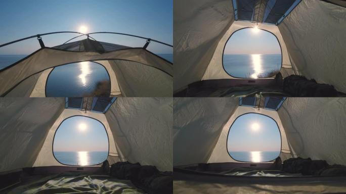 海景背景上的露营地帐篷
