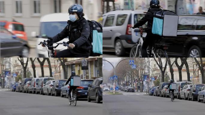 戴着医用口罩的快递员骑着自行车环游城市