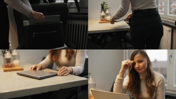 女人打开笔记本电脑开始工作