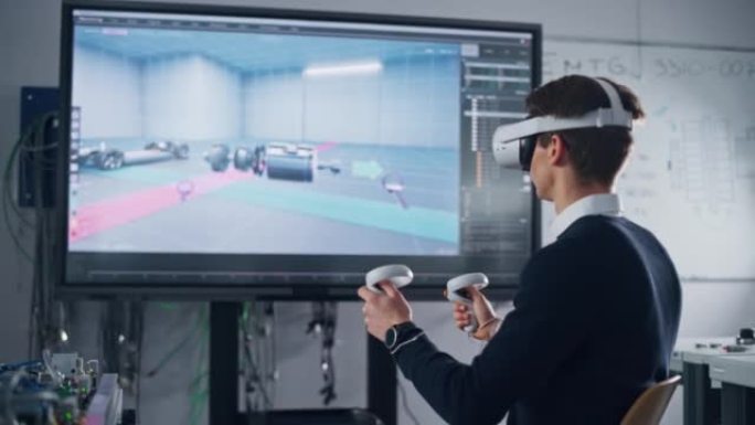 VR耳机和控制器的学生机械工程师，在计算机上的cad软件中使用VR技术进行工业设计，开发，原型制作。