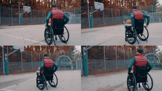 坐在轮椅上打篮球的人的后视图