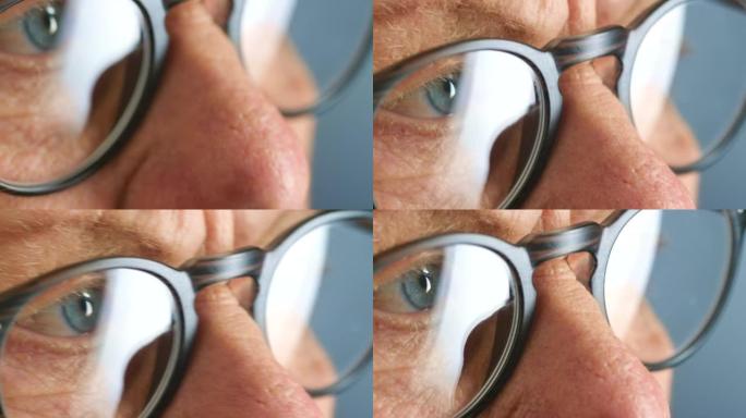 老人与眼镜，变焦和视觉眼睛使用平板电脑，手机和电脑与眼睛玻璃镜子反射。男性、黑客和网络跟踪者在线浏览