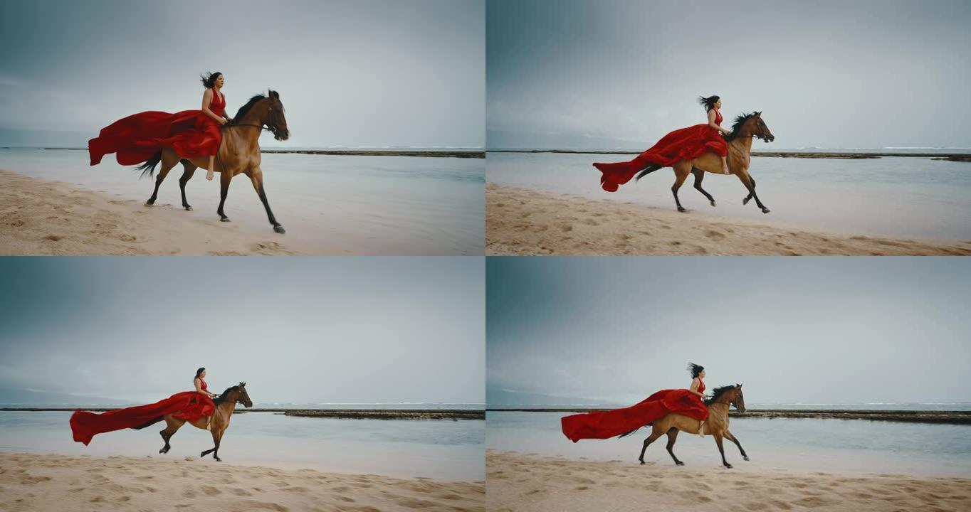穿着红色连衣裙的女子骑马