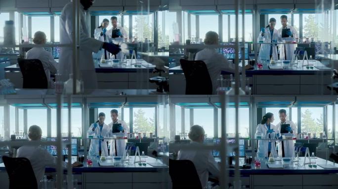 医学实验室与不同的生物化学研究团队的科学家交谈，两位微生物学家使用数字平板电脑，微量移液器。开发药物