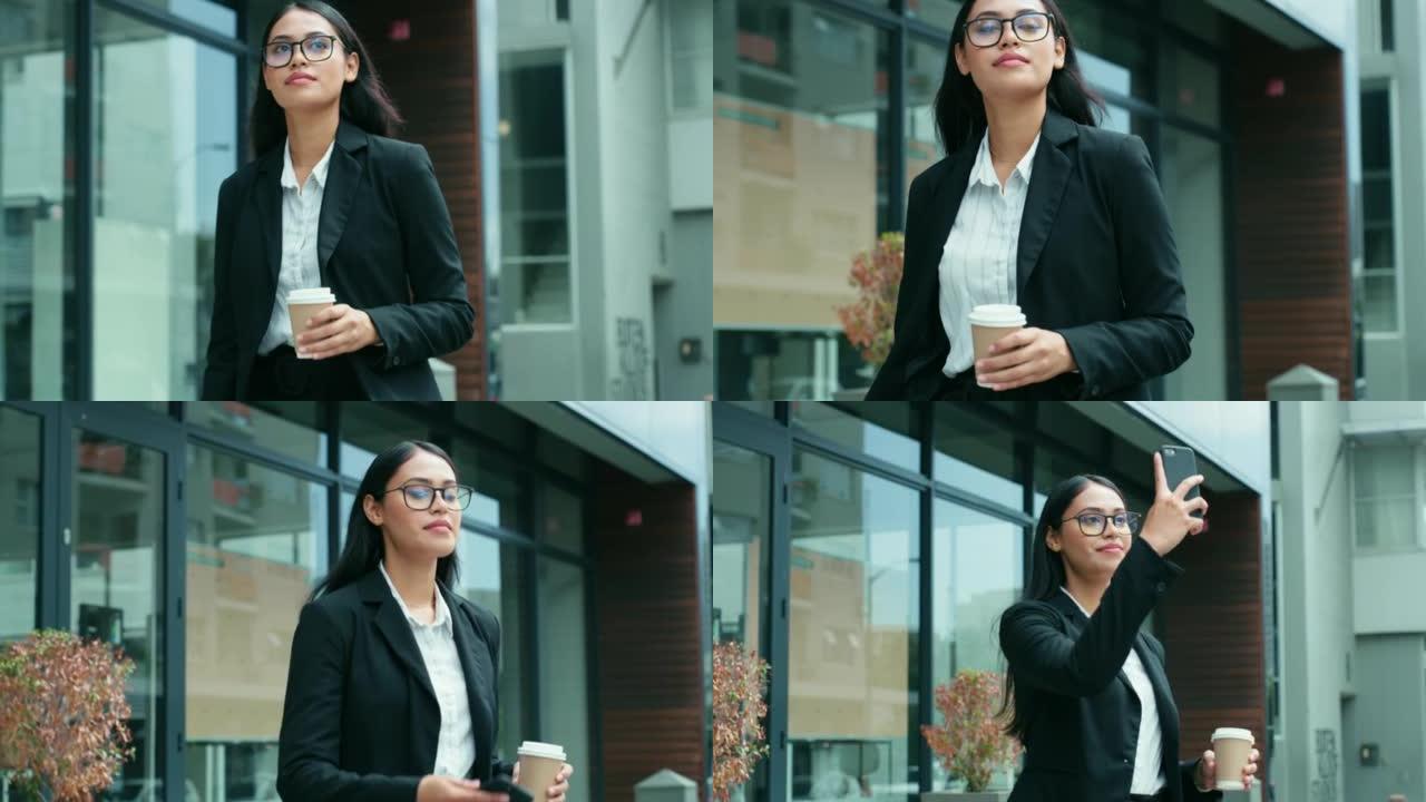 4k视频片段，一名年轻的女商人在上班途中喝咖啡