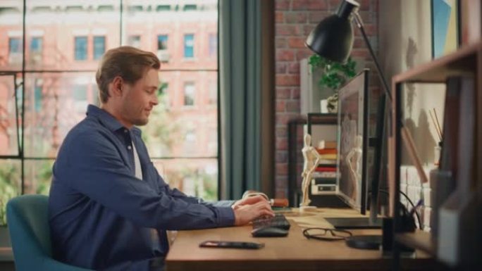 年轻英俊的男人坐在带设计软件的台式计算机上在家工作。创意男性查看社交媒体，浏览互联网。明亮阁楼公寓的