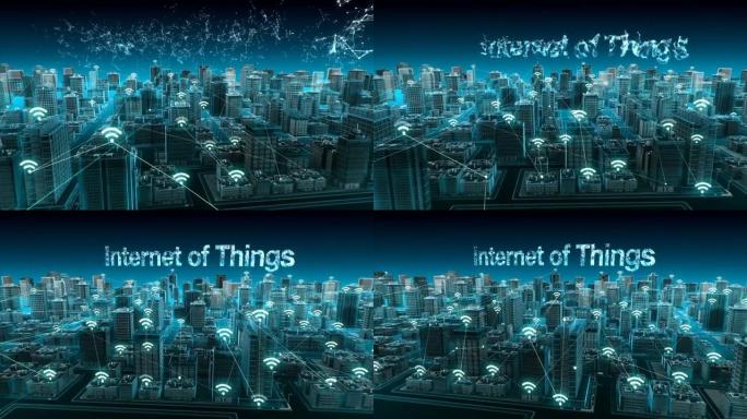 智能城市上的无线智能传感器图标，连接 “物联网” 技术。蓝色x射线鸟瞰图。4k动画。
