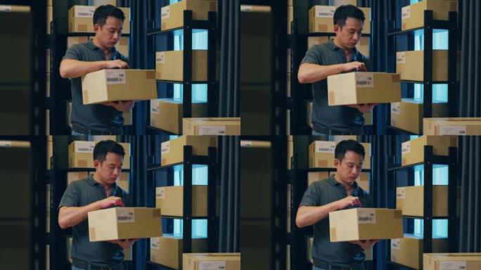 亚洲商人站在货架前检查数字平板电脑上的在线数据信息详细信息与晚上仓库快递用纸板箱比较