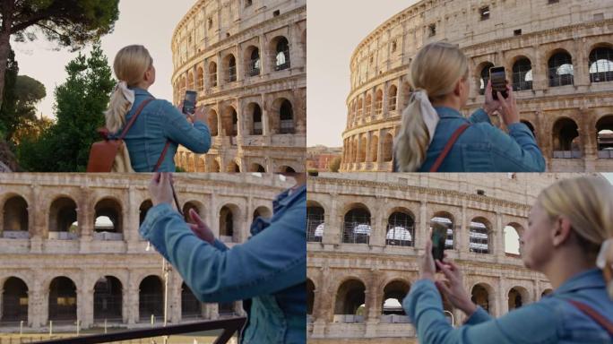 SLO MO女游客为罗马著名的斗兽场拍照