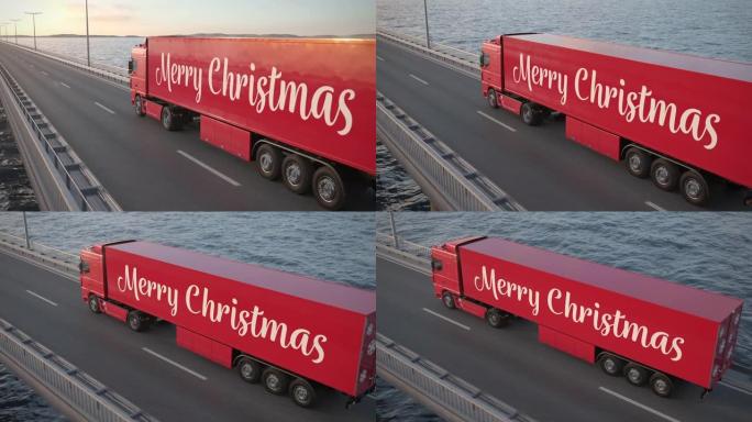 半挂车圣诞卡车沿着一座桥驶向日落