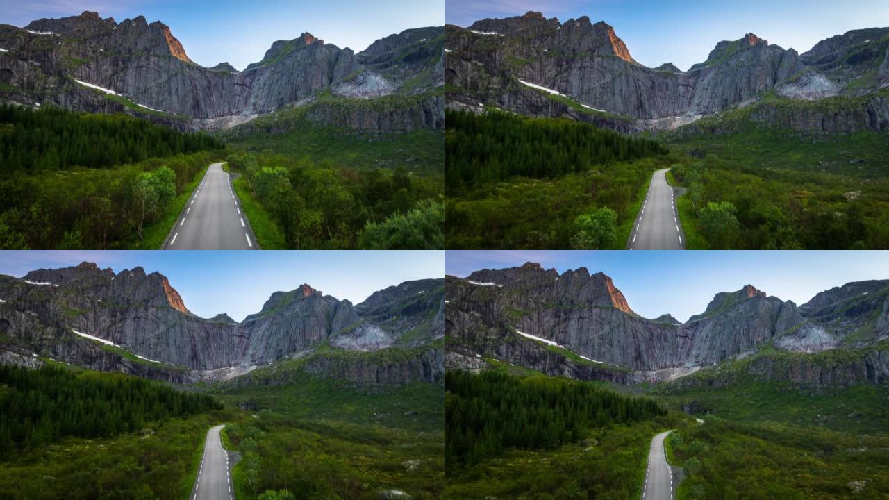 挪威之路驶向陡峭的山脉-鸟瞰图
