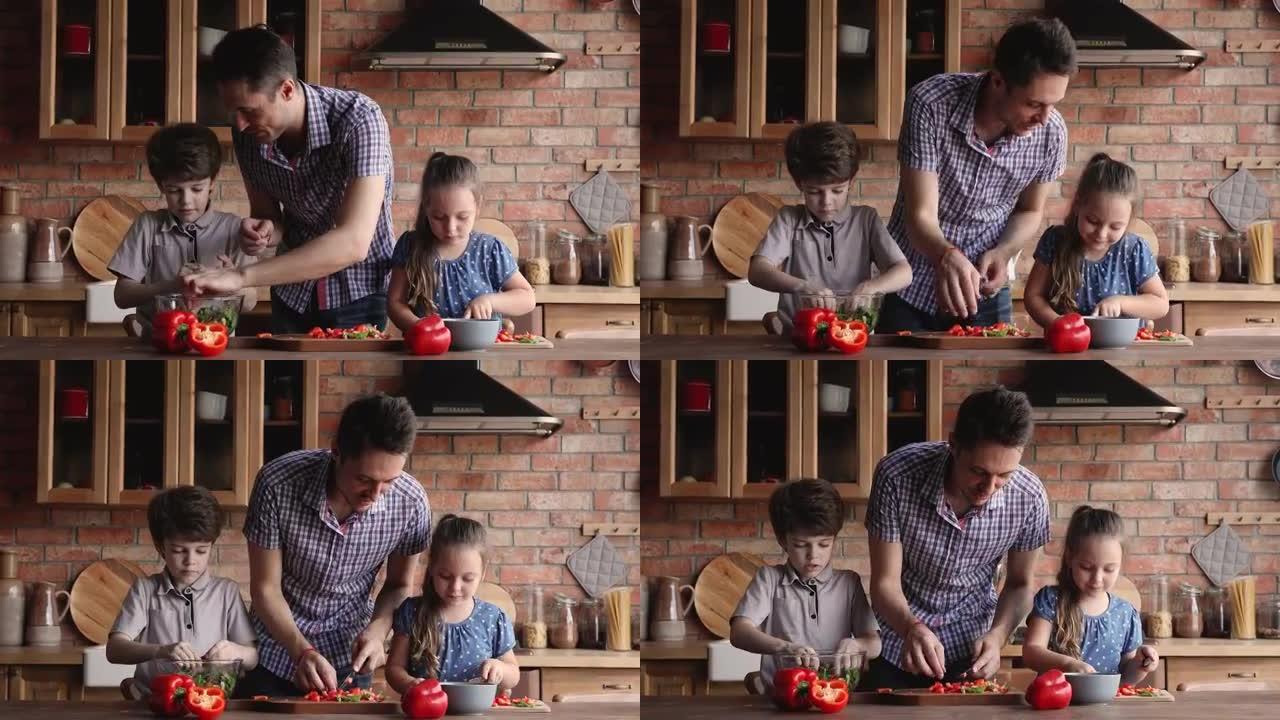 有爱心的年轻父亲教可爱的小孩做饭。