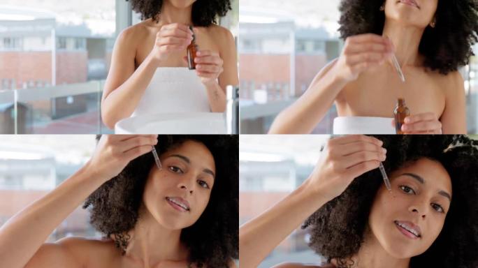 护肤品、美容和黑人女性，浴室配有面部血清，皮肤发光。健康，健康和女性使用透明质酸油与移液器或滴管产品