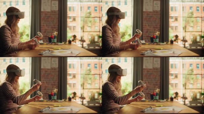 女性设计师使用VR软件创建新的，尝试不同的应用程序，同时在家工作。女性自由职业者在她的项目中使用虚拟