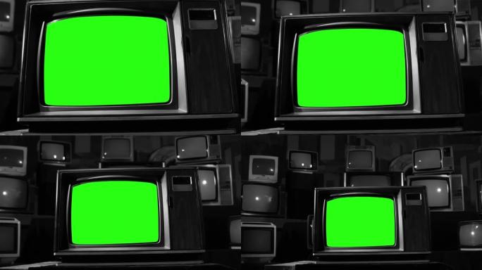 在许多复古电视机中，绿屏老式电视机。黑白色调。多莉出去了。4k分辨率。
