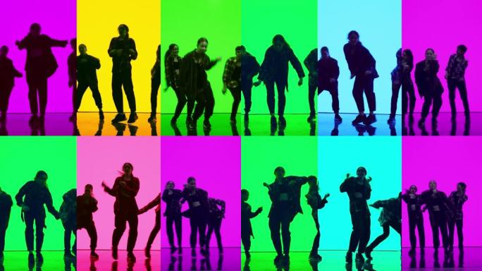 音乐视频剪辑蒙太奇，三个分屏，年轻的专业舞者在工作室表演现代嘻哈舞蹈。