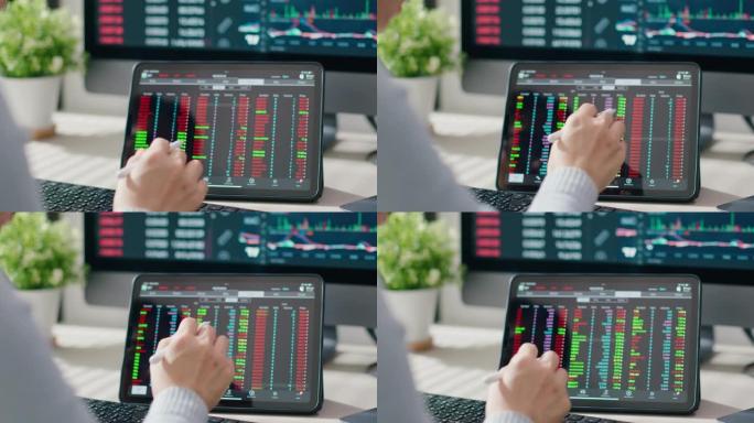 Treader女人在大数据屏幕上工作，用于股票技术图形分析