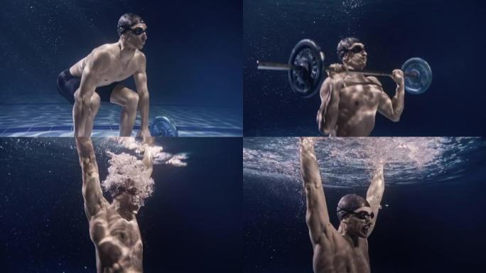 年轻的男性专业健美运动员的电影镜头，肌肉发达的身体正在水下用努力和决心举起杠铃。运动、健身、健康生活