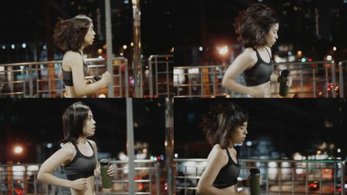 亚洲女子在城市夜间跑步，慢动作
