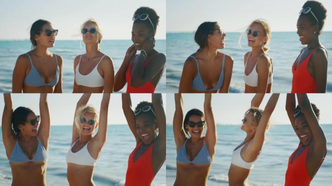 穿着比基尼的年轻多民族女友的慢动作很有趣，可以在日落时分与大海的海滩上一起享受暑假。