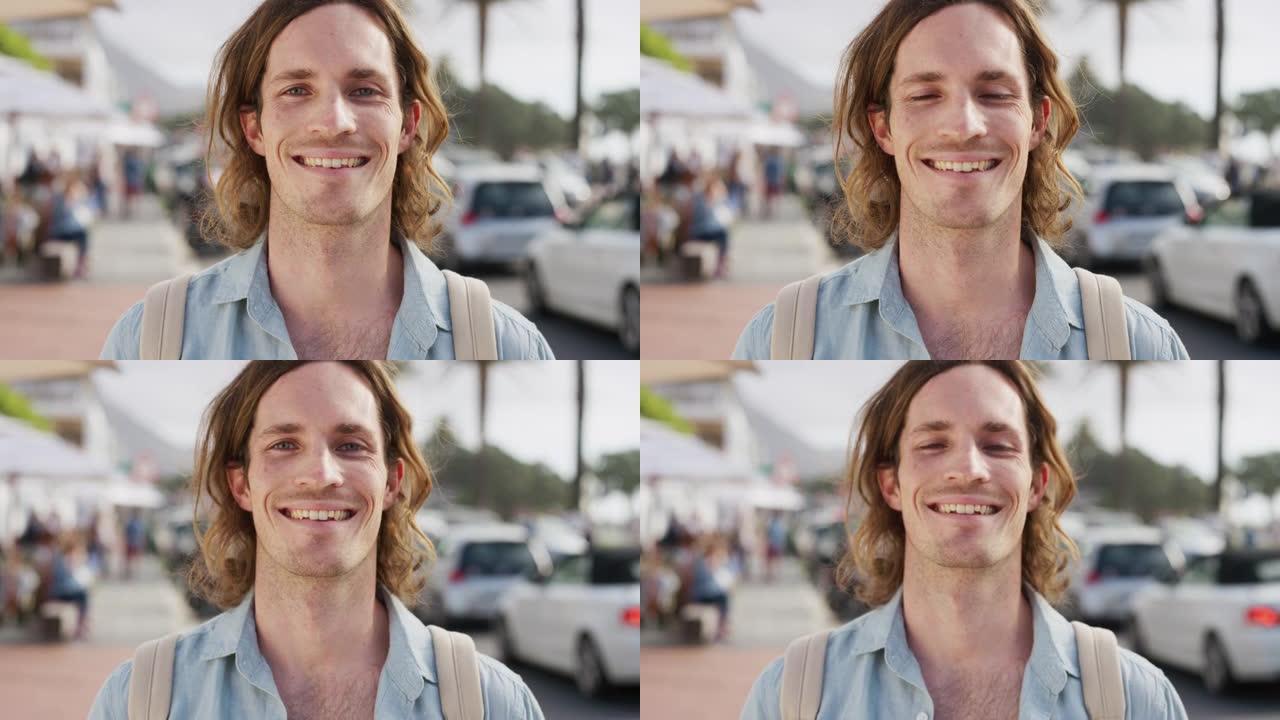 暑假在街上散步时，一个男人在城市里的旅行，快乐和脸。幸福，旅游和自由的年轻人在一个小镇上的肖像，在澳