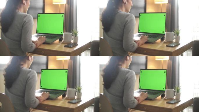 女人在家使用笔记本电脑绿屏