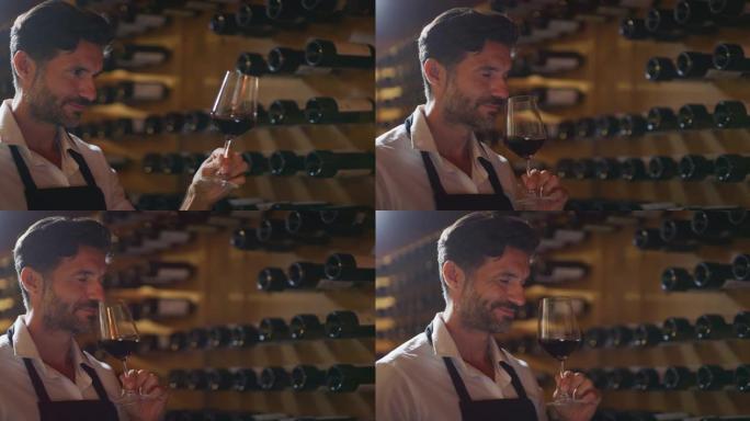成功成功的男性酿酒师的真实照片正在品尝一种风味，并检查在酒窖中倒入透明玻璃杯中的红酒质量。
