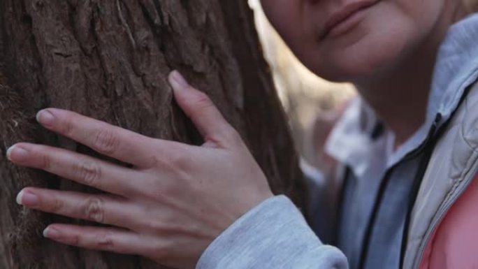 女人在森林里拥抱树干