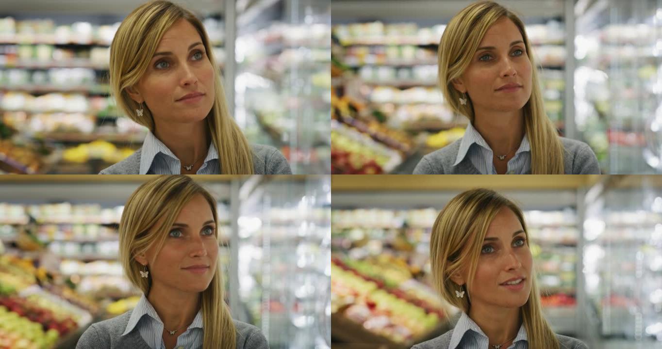 快乐年轻女子的真实特写镜头是在超市购物时选择食品。