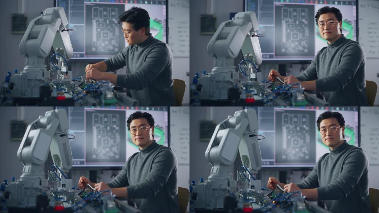 亚洲学生在大学用螺丝刀组装机械臂的肖像。理科学校学生拿着机器人手臂做实验。高科技科学、教育和学习理念