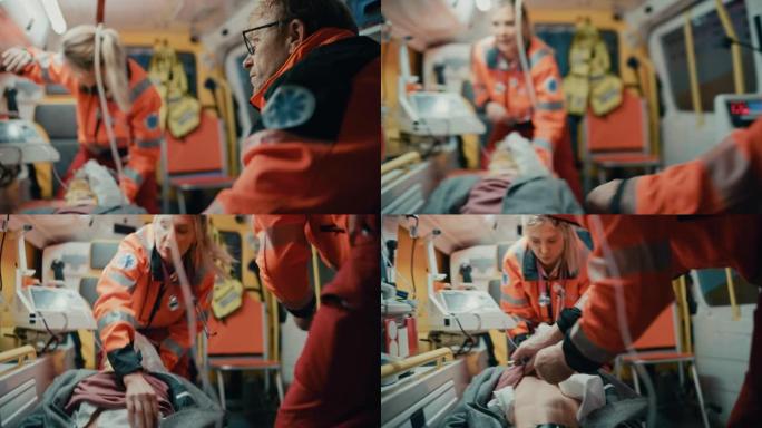 女性和男性EMS护理人员提供医疗帮助受伤的病人在去医疗保健医院的路上。急救助理在救护车上戴上无创通气