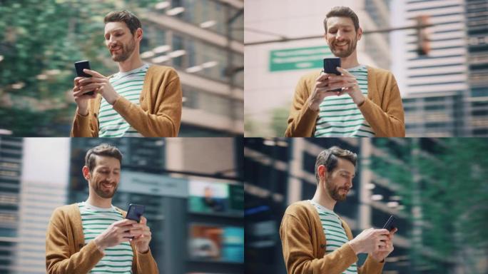 360度街道拍摄: 在大城市使用智能手机的高加索人的肖像。创意专业使用手机App进行电子商务网上购物