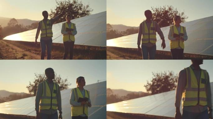 太阳能，男人和女人在散步时在农场讨论，可持续性或工程规划。工程师团队，通过太阳能电池板在农场，户外或