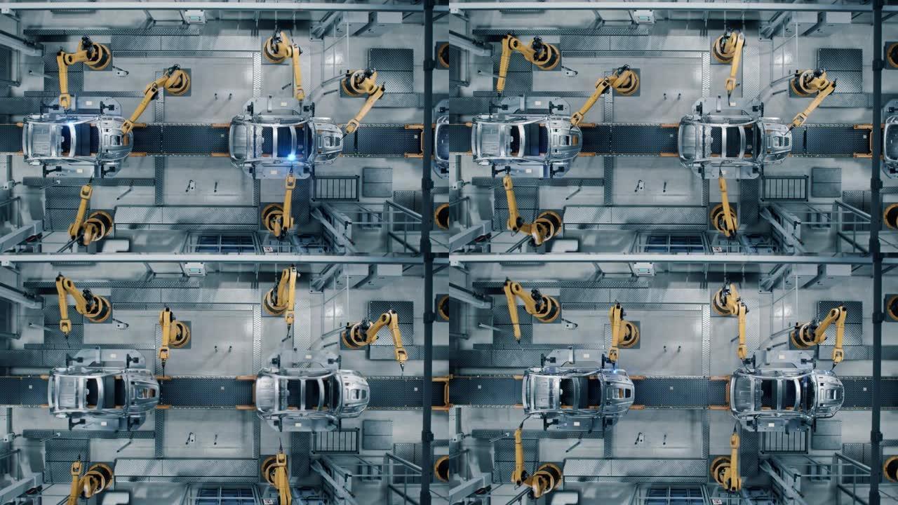 空中汽车厂3D概念: 自动化机械臂装配线制造先进高科技绿色能源电动汽车。建筑、焊接工业生产输送机