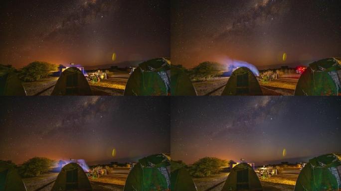 MS Time lapse星空在非洲纳米比亚沙漠的露营地帐篷上