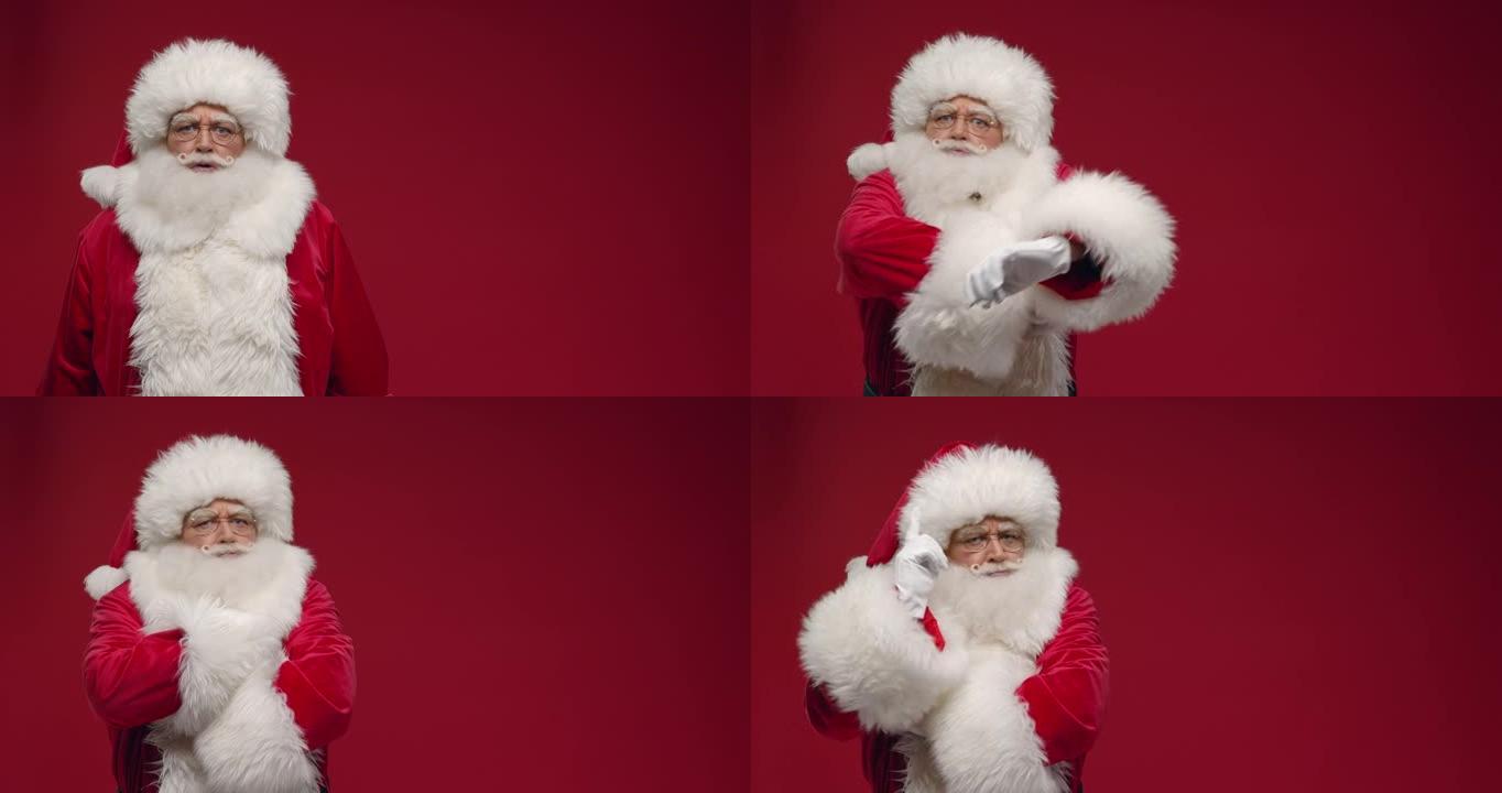 一个脾气暴躁的圣诞老人用食指责骂观众，交叉双臂，站在红底