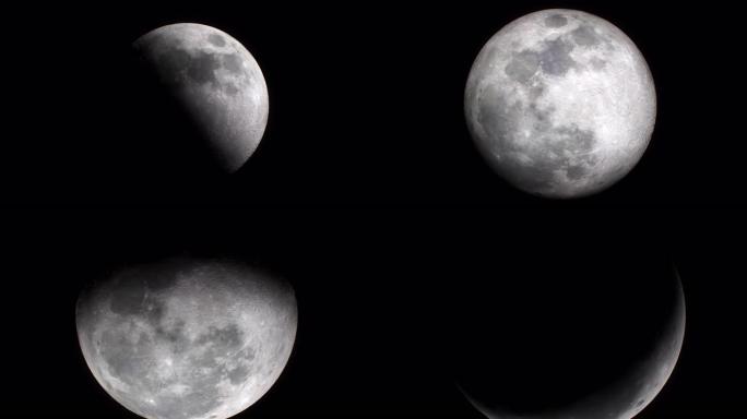 飞往月球改变相位。旋转的月亮的美丽缩放3d动画。科学天文学概念。