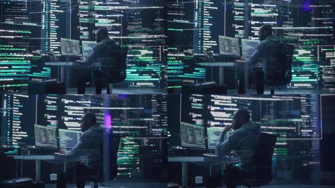 黑人男性开发人员在计算机上思考和打字，周围是显示编码语言的大屏幕。专业程序员创建软件，运行编码测试。