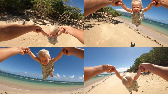 在阳光明媚的夏日，波夫父亲牵着手在热带海滩上旋转小女儿