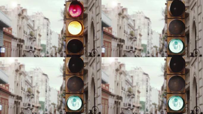 阿根廷布宜诺斯艾利斯的交通灯从红色变为绿色。