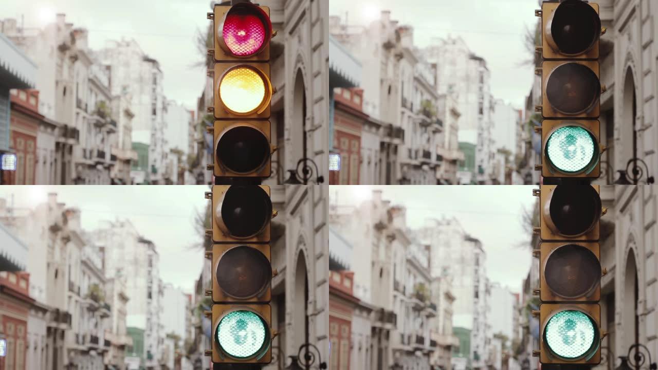 阿根廷布宜诺斯艾利斯的交通灯从红色变为绿色。