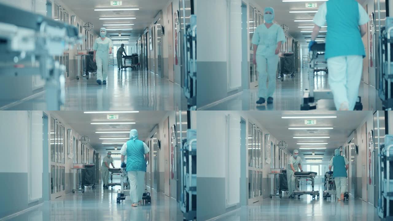 医院走廊上有外科医生走过