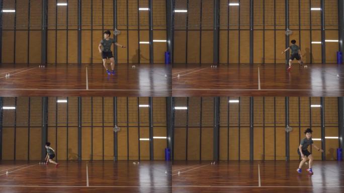 广角亚洲华裔羽毛球选手在羽毛球场练习耐力训练