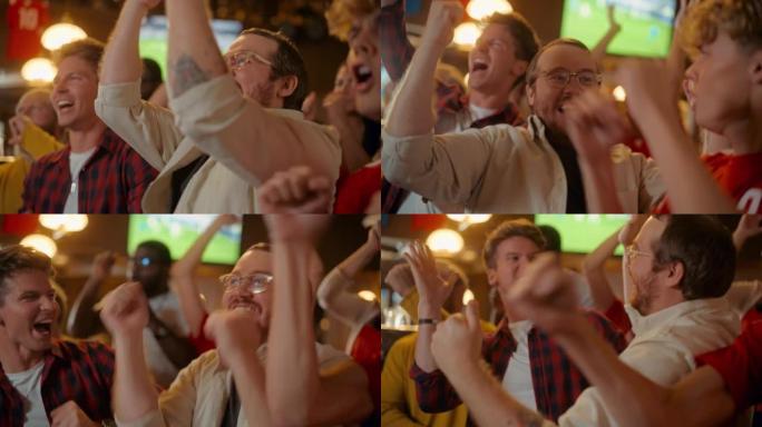 一群朋友在体育酒吧观看电视直播足球比赛。快乐的球迷欢呼雀跃。年轻人庆祝球队进球并赢得世界杯足球赛。慢