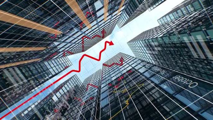 现代建筑上生长的图形和图表。抽象商业风格3d动画。红色箭头图，数字数据和摩天大楼玻璃墙上的图表。商业