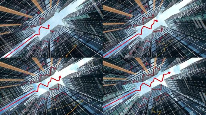 现代建筑上生长的图形和图表。抽象商业风格3d动画。红色箭头图，数字数据和摩天大楼玻璃墙上的图表。商业