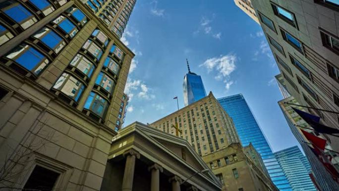 曼哈顿金融区天际线。教堂。WTC。酒店。办公楼。
