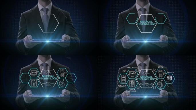 商人举起智能平板电脑。六角形、4k动画中的 “医疗技术” 和各种未来医疗技术图标。
